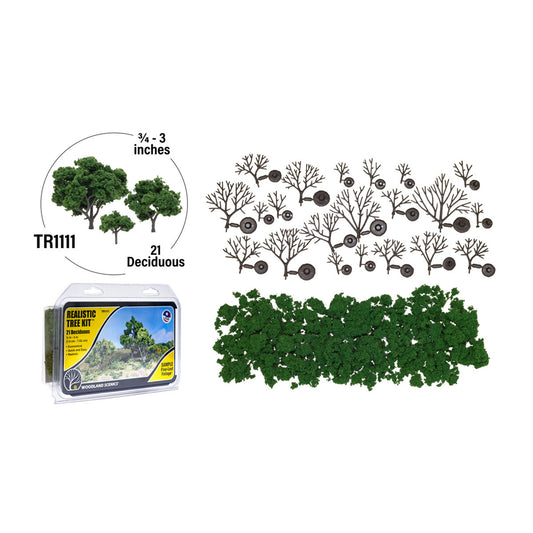Woodland Scenics TR1111 Realistic Tree Kit, 21 Deciduous Trees 3/4-3" Medium Green