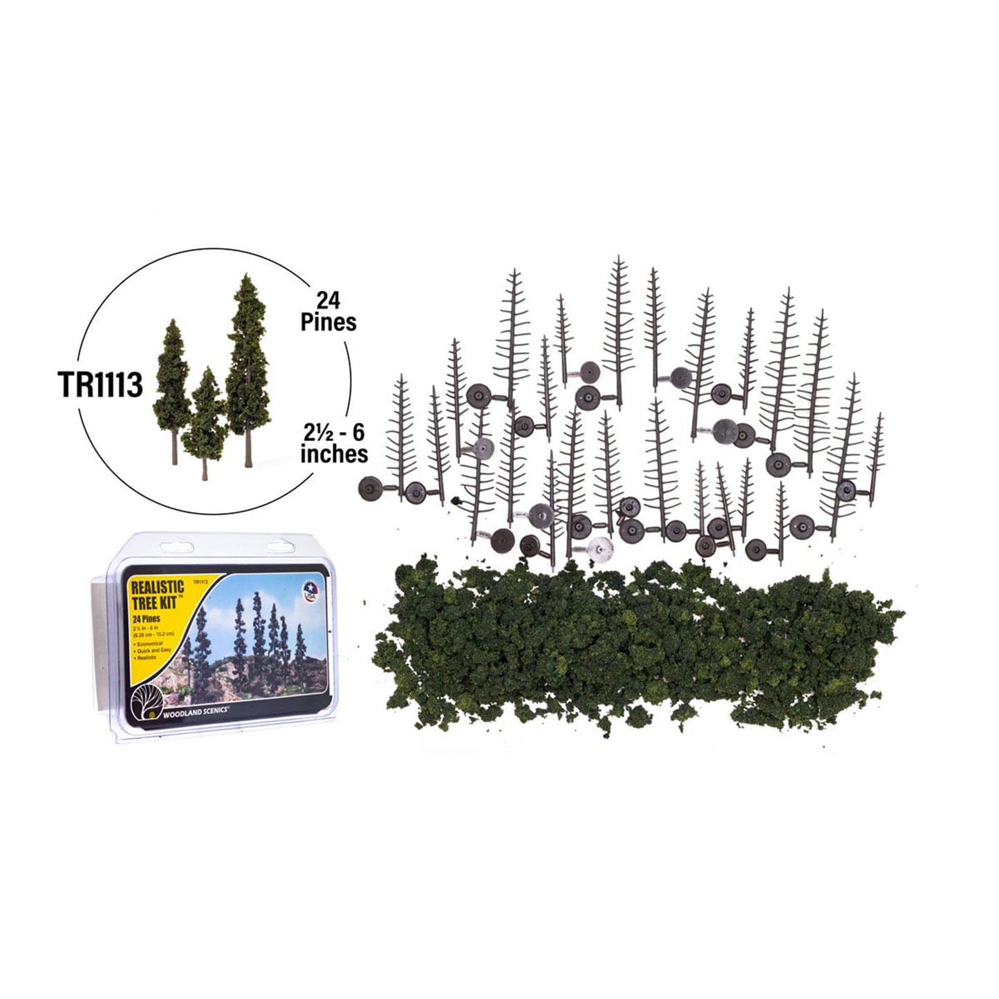 Woodland Scenics TR1113 Realistic Tree Kit, 24 Pine Trees 2-1/2-6" Forest Green